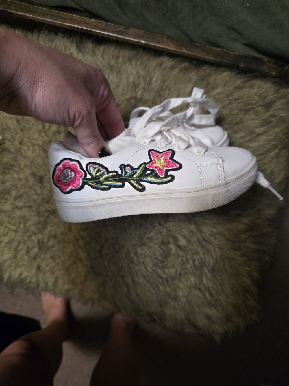 Brash White Kids Sneakers with Pink & Green Floral Patch